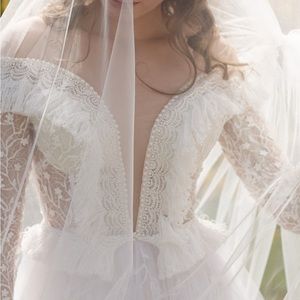 Boho wedding dress with flower lace and exclusive handcrafted elements size S